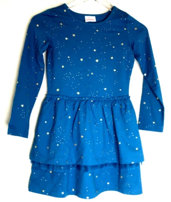 Hanna Andersson Sz 130 US 8 Gold Stars on Teal T-Shirt Top Ruffle Skirt Dress - Image 1 of 4