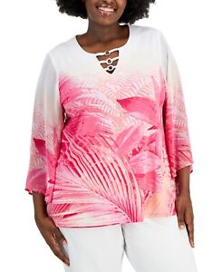 MSRP $65 Jm Collection Plus Size Palm-Print Chiffon-Sleeve Tunic Pink Size 0X