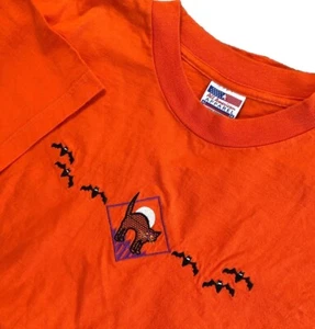All American Apparel Y2K Vtg Orange Halloween  Embroidered Cat Bats T-shirt XL - Picture 1 of 9
