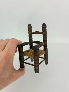 Vintage Miniature Dollhouse Artisan Primitive Carved Ladder Back Jute Seat Chair - Picture 1 of 8