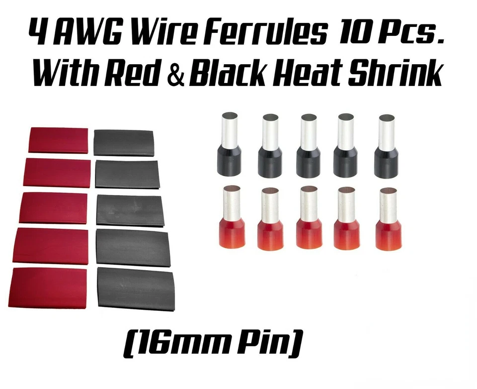 4 Gauge (16mm Pin) Wire Ferrule 10pcs. with Heat Shrink, Car Audio Amp 4 AWG - Image 1 of 1