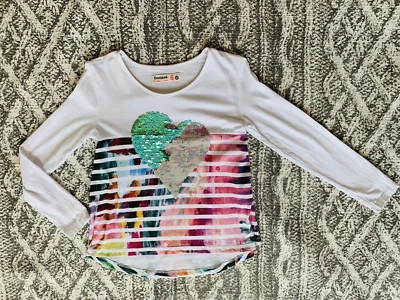 Desigual Girls Size 7/8 Long Sleeve White Color Stripe Flip Sequin Heart Shirt - Image 1 of 4