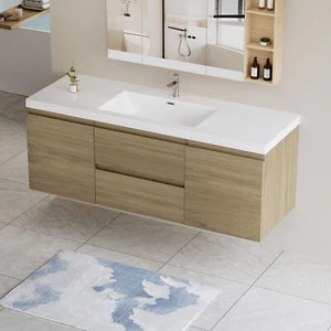 60in Floating Wall-Mounted Bathroom Vanity with Resin Sink Drawers Doors Oak - Picture 1 of 12