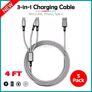5-Pack 3-in-1 Nylon Braided 4ft Charging Cable for iPhone, USB-C,iPad, Micro USB - Picture 1 of 4