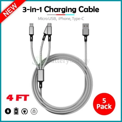 5-Pack 3-in-1 Nylon Braided 4ft Charging Cable for iPhone, USB-C,iPad, Micro USB - Image 1 of 4