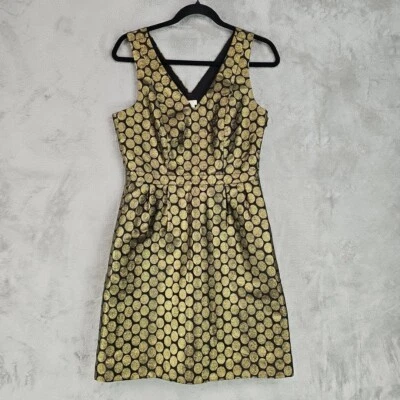 J. Crew 金属圆点提花 V 领连衣裙女式 4 黑色金色金属鸡尾酒 — 第 1/4 张图片