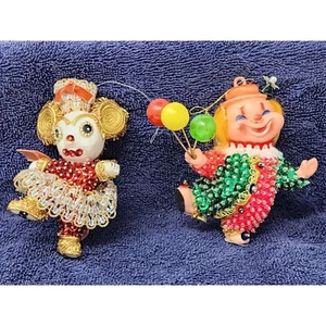 2 Unique Vintage Christmas Ornaments Bead & Sequin Push Pin Clown And Mouse - Picture 1 of 5