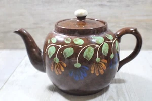 Antique Teapot Brown Blue Yellow floral ceramic pot/ stamp on bottom - Picture 1 of 7