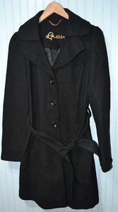 Women's Guess Mid-length Blended Wool Pea Coat Black, Size Medium, Belt Tie - Picture 1 of 5