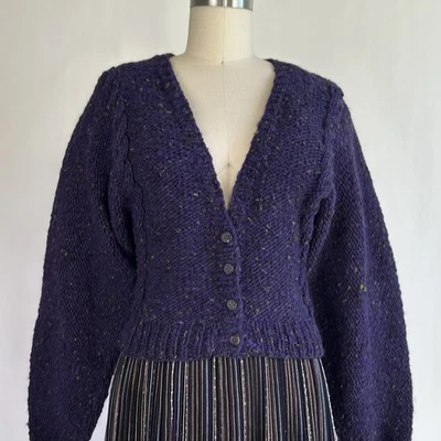 Vintage 80s Perry Ellis Handknit Tweed Wool Cropped V Neck Cardigan - Image 1 of 4