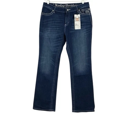 NWT Harley Davidson Womens Curvy Boot Cut Navy Jeans Size 14 Embellished Stretch - Image 1 of 4