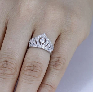 14k White Gold Plated 3.40Ct Round Moissanite Queen Tiara Engagement Ring - Picture 1 of 4