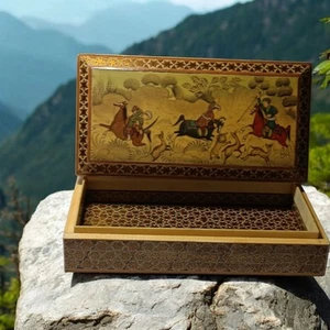 Caja de baratija árabe pintada a mano detalle de pintura dorada asiática 9" x 4,5" - Imagen 1 de 11