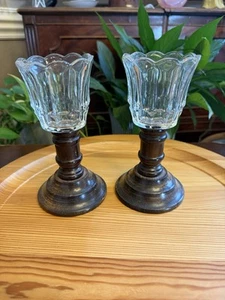 Beautiful Pair Vtg Farmhouse Glass & Wood Candlesticks - Picture 1 of 3