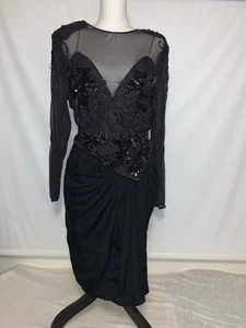 Vintage 80s 90s CACHE Black Sequin Mini Dress Cocktail Party Beaded Size 8 - Picture 1 of 11