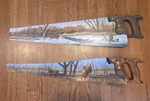 2 bemalte Jagd-/Hirschszenen, Disston Handsägen, signiert vom Künstler Dreier - Bild 1 von 15
