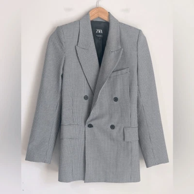 Zara Womens Blazer Check Double Breasted Blue White Preppy Tailored Size Small - Image 1 of 4