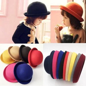 Retro Kids Girls Women Fedora Hat Ladies Round Top Felt Bowler Hat Winter Colors - Picture 1 of 18