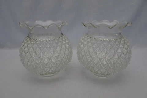 Pair of RETRO 1960'S GLASS LIGHT LAMP SHADES SCONCES DIAMOND HOBNAIL Crimped Cover