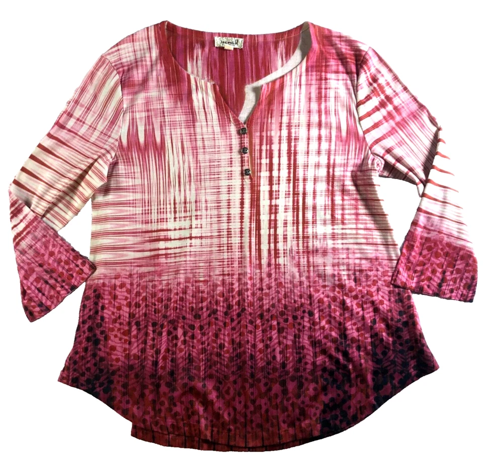 Oneworld Womens Tunic Top Sz S Red Pink Ivory Buttons 3/4 Sleeve Pullover - Image 1 of 4