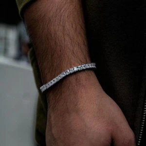 14k White Gold Over Princess Cut Diamond Men's Tennis Bracelet 7.10Ct - Picture 1 of 6