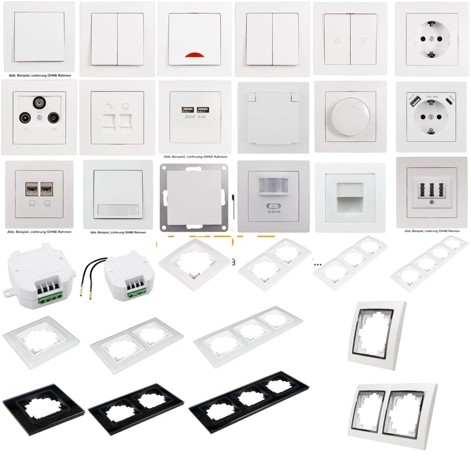 MCPOWER FLAIR weiß SERIE Steckdose Schalter Dimmer Glas Rahmen Taster RJ45 TAE Dose USBC