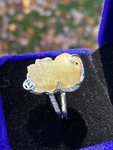 Golden Rutilated Ring Hand Carved Pixiu, Rutilated Jade (7.1/2 US) - Picture 1 of 3