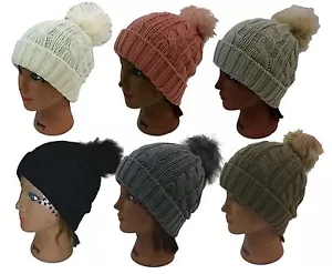 Ladies Women Genuine Fur Pom Knit Beanie Warm Winter Premium Beanie Hat Ski Cap - Picture 1 of 8
