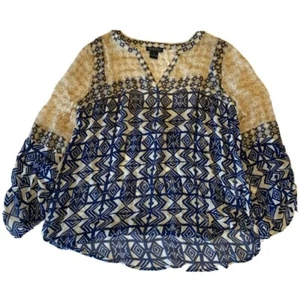 Lucky Brand Womens S Mixed Print Peasant Blouse 100% Rayon Blue & Beige - Picture 1 of 8