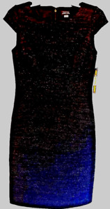 TAHARI BLACK SILVER THREAD STRETCH KNIT BODYCON DRESS CAP SLEEVES SIZE 4 SMALL
