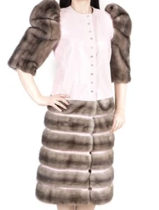 PINK LEATHER GRAY BLUE IRIS MINK FUR COAT REMOVABLE SKIRT SNAPS Sz. S-M (38 Eu) - Picture 1 of 6