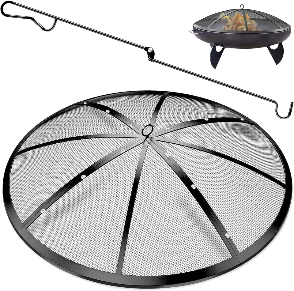 Pantalla de chispas Fire Pit, tapa de 24 pulgadas exterior con mango y póker, negra  Foto 1 de 4