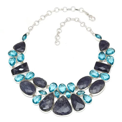 Collar y conjunto de joyería artesanal de cuarzo azul suizo de zafiro maravilloso 18-20"" Foto 1 de 4