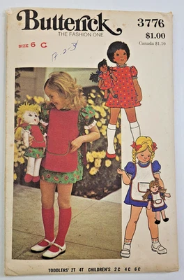 Vestido, delantal y muñeca vintage años 70 Butterick patrón de costura 3776 niñas talla 6 SIN CORTAR Foto 1 de 3