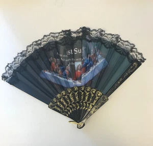 Vintage "Last Supper" folding fan w/Jesus & Apostles, Black Lace - Picture 1 of 2