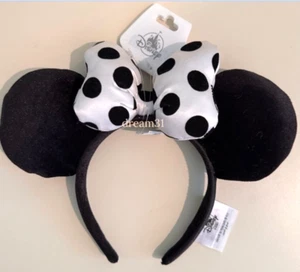 BNWT Disney Minnie Mouse Polka Dot Black and White Satin Bow Ears Headband - Picture 1 of 1