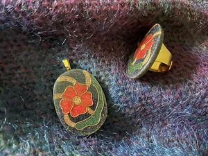 Schönes umfunktioniertes Vintage Intarsien Set - Anhänger & Ring - Bild 1 von 5