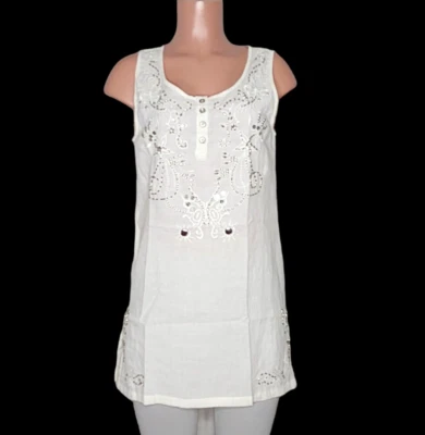 Monoreno White Sleeveless Linen Tunic Top NWT Size Medium Beaded Embroidered - Image 1 of 4