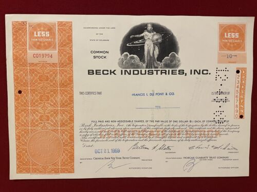 Beck Industries, Inc. 1969 Original Stock Certificate