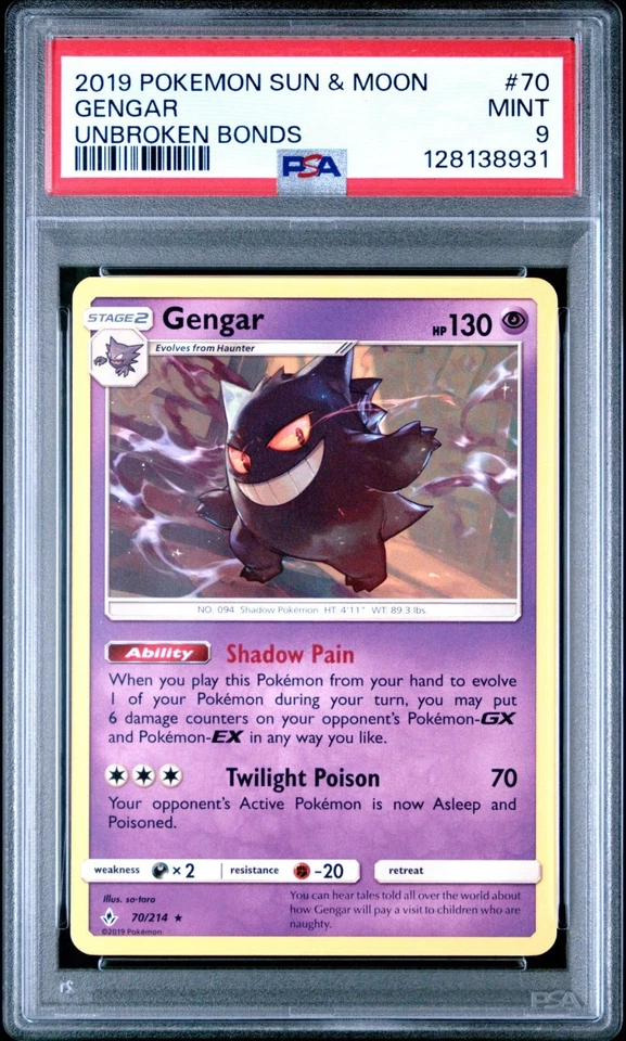 2019 Pokemon GENGAR 70/214 Rare - Sun & Moon Unbroken Bonds PSA 9 Mint New Cert - Image 1 of 2