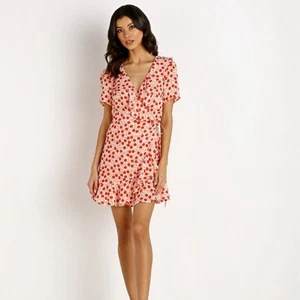 Beach Riot Summer Mini Dress Cherry Print Wrap Ruffle Short Cap Sleeve Medium - Picture 1 of 12