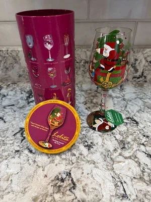 RETIRED *RARE* Lolita "Rocking Around The Tree" 15 0z. Handpainted Wine Glass - Image 1 of 4
