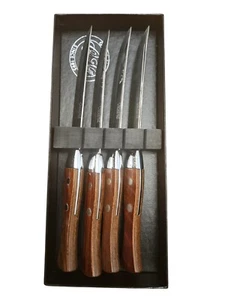 Vintage Carvel Hall Steak Knives. Set of 4 Teakwood Handles 2 Pin Rivet In Box - Picture 1 of 5