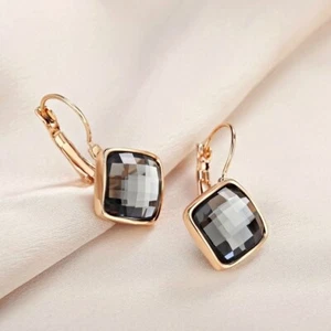 18K Rose Gold GF Made With SWAROVSKI Crystal Black Rhombus Shaped Hoop Earrings - Picture 1 of 4