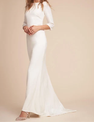 Amy Kuschel Wedding Dress 6 Off-White Scoop Neck Sleeves Back Low V Sash Beach - Image 1 of 4