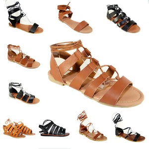 Para mujeres Moda Punta Abierta Sandalias Planas con Cordones Gladiador - Imagen 1 de 49