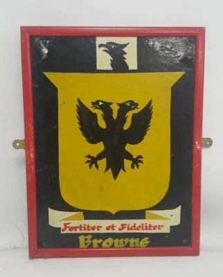 Vintage HAND PAINTED COAT OF ARMS BROWN Surname Latin Motto Heraldic Crest - Image 1 of 4