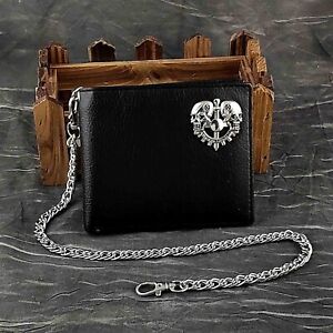 Mens Biker Black Leather Wallet With Coin Pocket And Safety Metal Chain #06