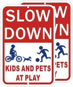 (2Pack) Slow Down Signs for Street, Kids Playing Sign Street 18" x Red - Picture 1 of 7