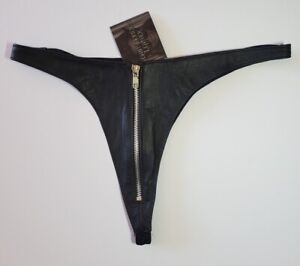 Zipper Black Leather Thong Stretch Back Underwear Panties Lingerie Size:  OS